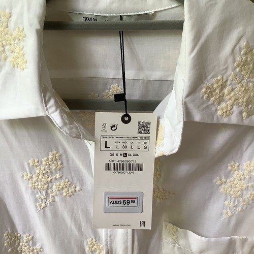 ZARA Ivory Cotton Shirt New Embroidered Blouse L 14 Semi Sheer Cream Top 100% - Picture 3 of 10
