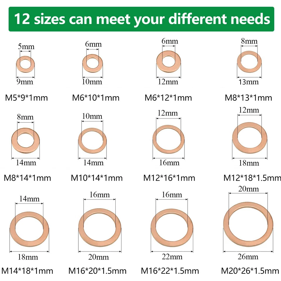 Kit 300 Rondelle in Rame 12 Misure Classificazione Metrica Guarnizione Rame Olio - Immagine 2 di 4