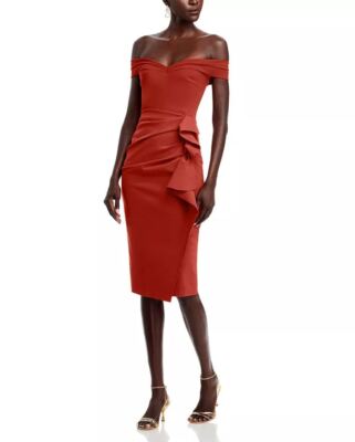 Chiara Boni La Petite Robe Off The Shoulder Cocktail Dress, Brick, 4