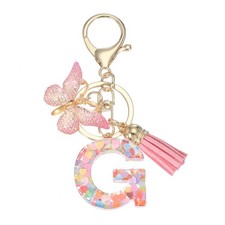 Alphabet Initial Letter Keychain Cute Charm with Tassel Butterfly Letter g Pink