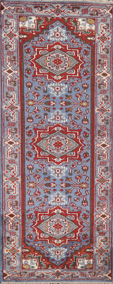 Blue Geometric Runner Rug 3x8 Ft Hand-Knotted Traditional Oriental Wool Carpet 