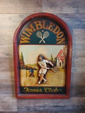 LARGE Vintage 3D Relief Wood WIMBLEDON Tennis Club Wall Sign Plaque 23"x16".
