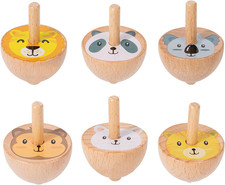 6 Pcs/Set Beech Wood Spinning Tops Toy for Kids, Animal Wooden Gyroscopes Toy fo