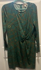 Michael Kors green & gold chain print dress with a twisted waist detail. size L