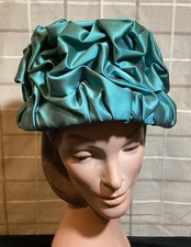 Vintage Union-Made Turquoise Satin Hat w/ Lace Lining  Sculpted Brim