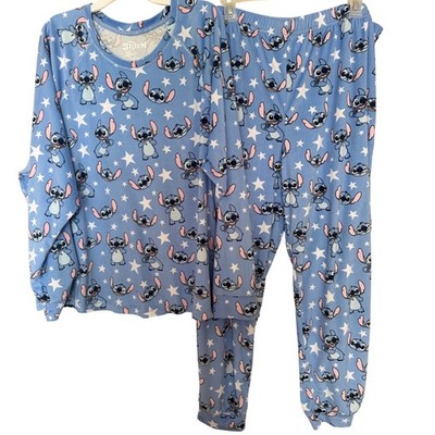 Disney Stitch Pajama Set Blue Star Print Long Sleeve Sleepwear Womens 2X
