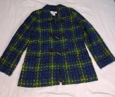 Carlisle Womens Boucle Plaid Mohair Wool Blend Zip Front Blazer Sz 12 Academia 