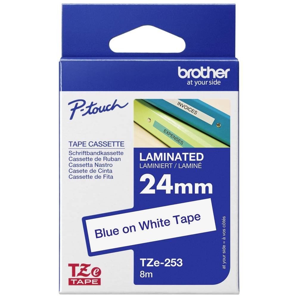 Ruban TZe-253 Brother blanc texte bleu 24 mm pour étiqueteuse