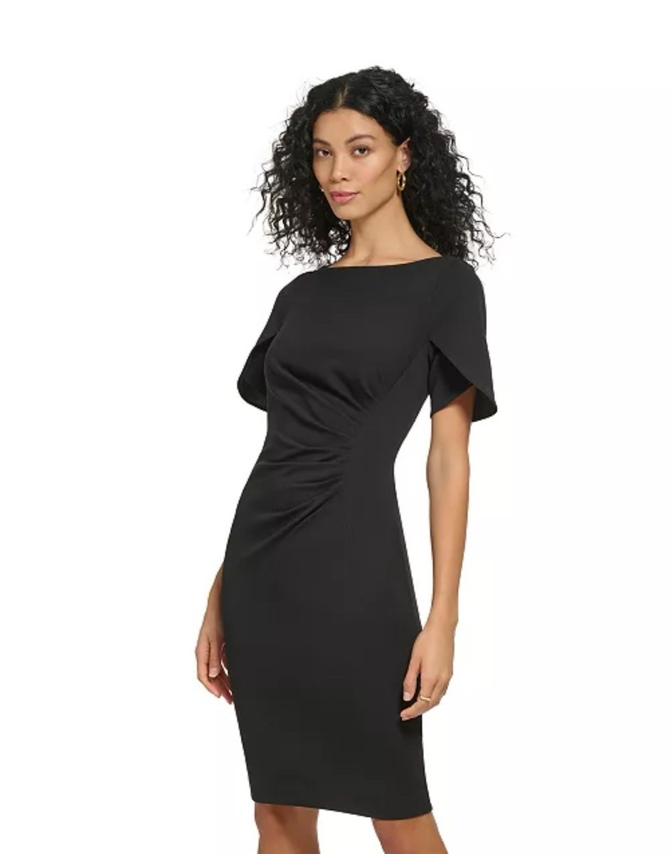 dkny ruched sheath dress DKNY Womens Black Zippered Ruched Petal Sleeve Boat Neck Above The Knee Wear To Work Sheath Dress Petites 10P