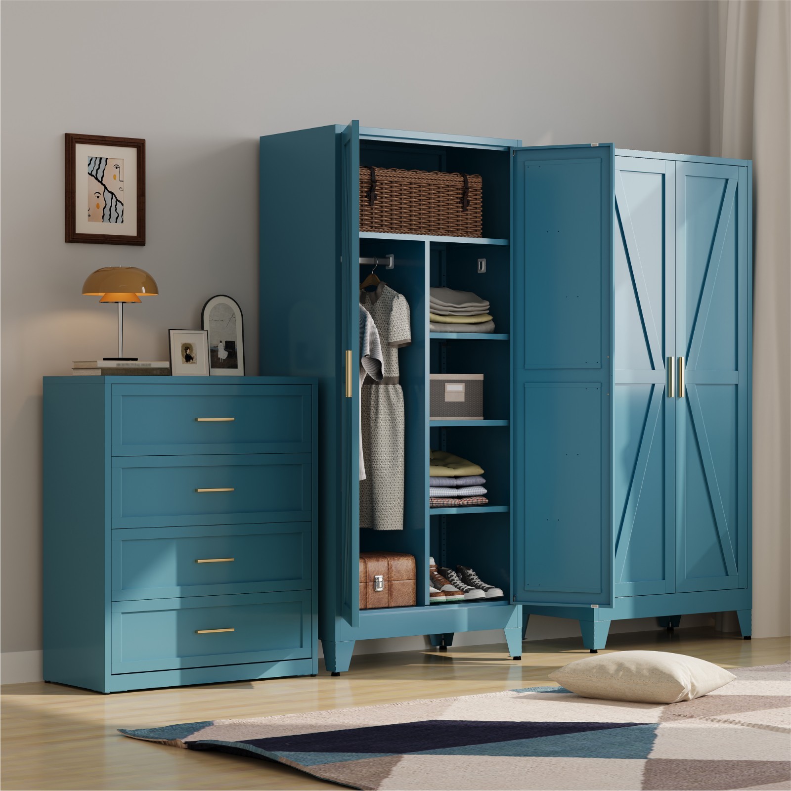 Metal armoire Wardrobe Closet with Hanging Rod,71'' Metal Wardrobe Cabinet