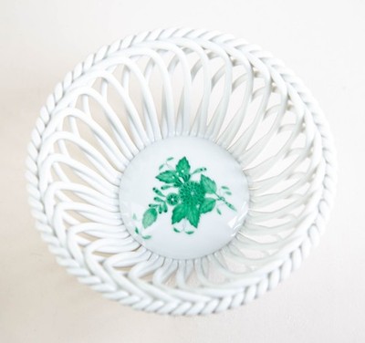 Herend Chinese Bouquet Green 5'' Open Weave Basket Bowl #7371 Vintage Hungary