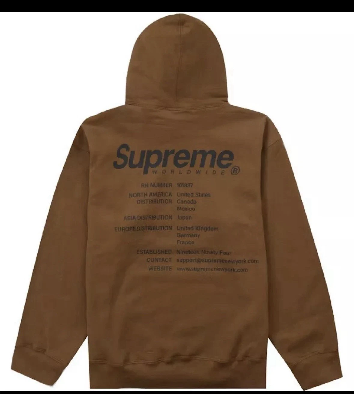 Sweat à capuche Supreme Worldwide marron olive neuf moyen S/S 23 logo boîte