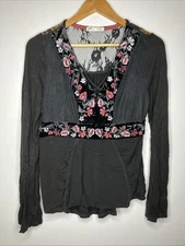 Jolt Women's Large Velvet Lace Floral Embroidered Whimsigoth Witchy Blouse