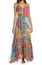 Raga XS Tito Ruffle Stripe Maxi Dress Open Back Tassel Tie Boho Vibrant NWT