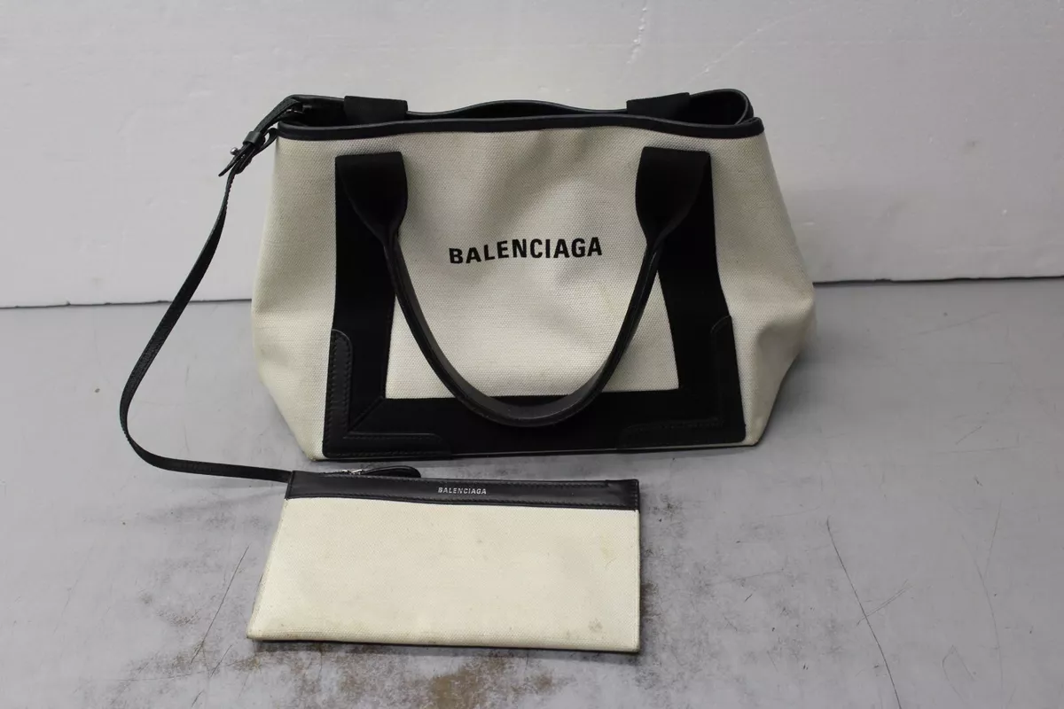 BALENCIAGA Navy Cabas M Tote Bag Canvas Beige Canvas Black