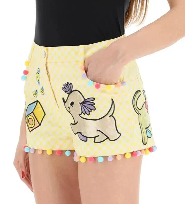 Pantalones Cortos Moschino Couture Animal Applica Guardería Guinga Pom Pom Amarillo EE. UU. 10 NUEVOS CON ETIQUETAS Foto 4 de 4