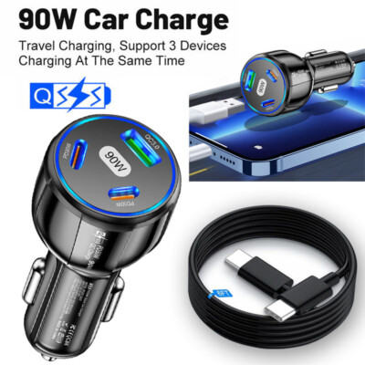 90W Fast Charge QC 3.0 Type-C Car Charge Adapter For iPhone 15 14 13 12 Pro Max