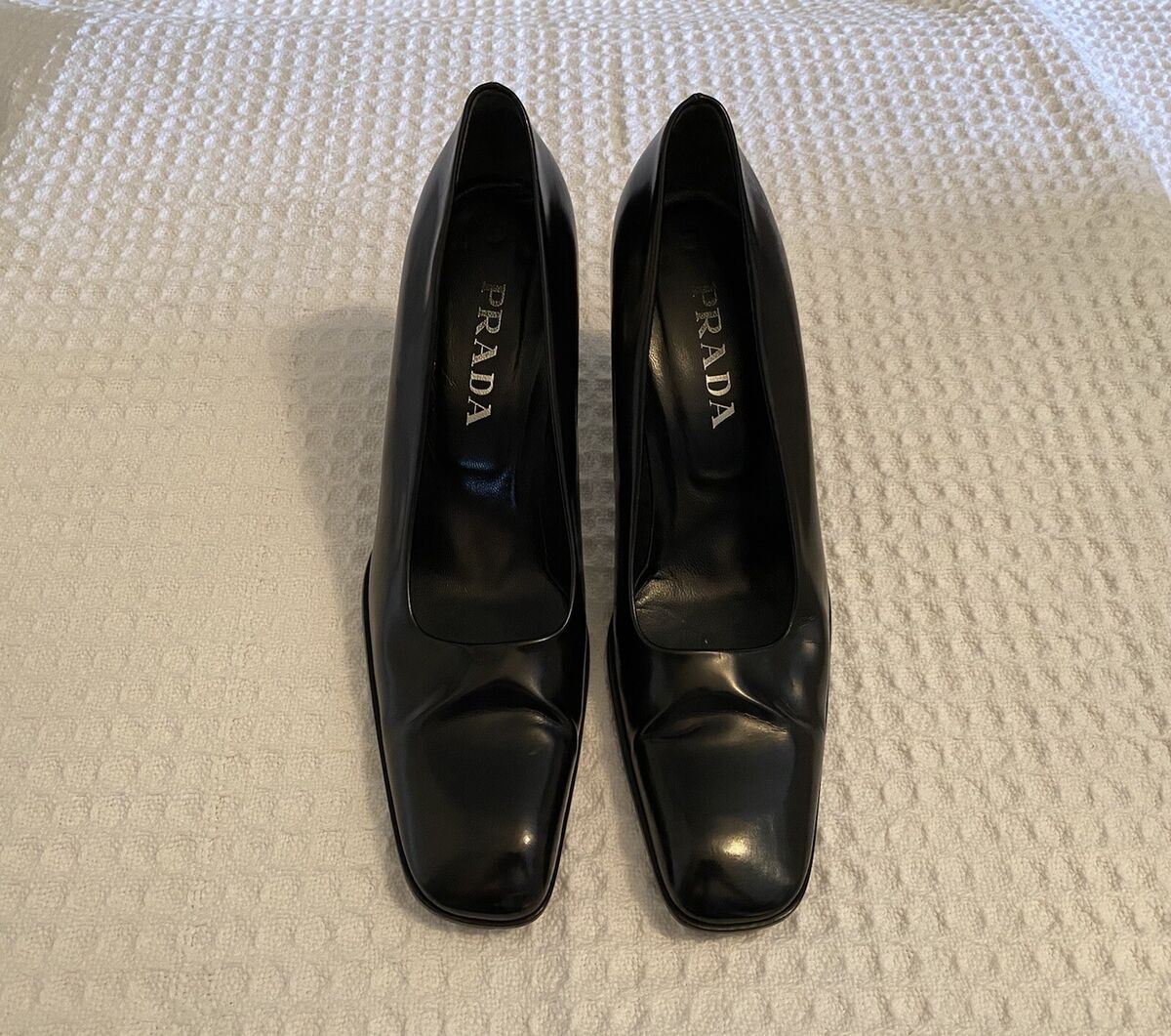 gorgeous PRADA Black Leather 90s Square Toe Sculptural High gorgeous PRADA Black Leather 90s Square Toe Sculptural High