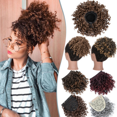 Drawstring Ponytail Afro Puff Hair Bun with Bangs Chignon Short Curly Chignon US