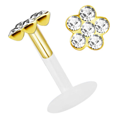 Lippenpiercing Teflon Labret Stecksystem in 1,2mm mit Kristall Blume vergoldet 