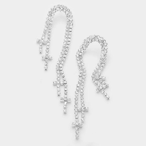 Pierced 3 1/2" long silver and clear stone angled cross earrings - Picture 4 of 4