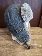 LIDS Wool Trapper Hat Gray Ear Flaps Faux Fur Lined One Size Chin Strap Adult
