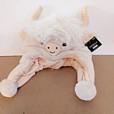 Children Ages 4+ Cow Bull Off White w/ Horns Winter Hat Chin Holder Hood NWT
