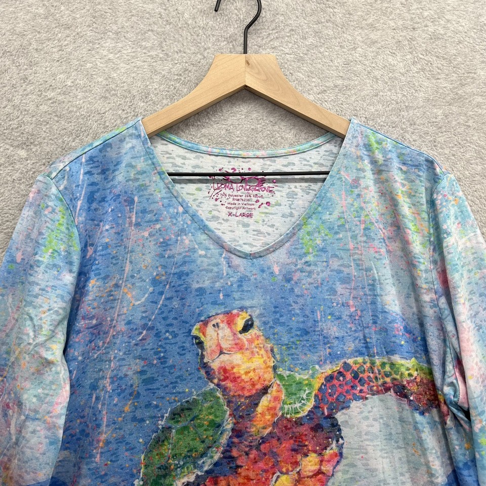 Leoma Lovegrove Shirt Womens XL Blue Turtle Beach Ocean Tunic Colorful