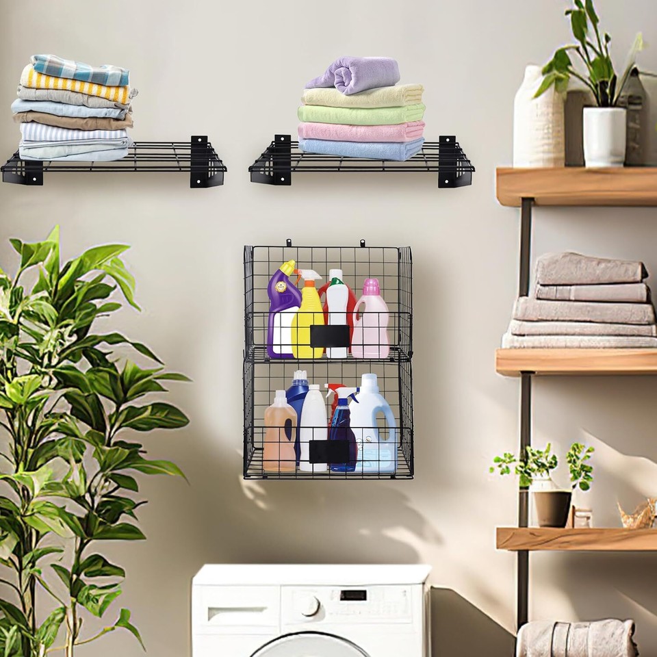 Garage Wall Shelving with Wire Basket, Heavy Duty Shelf Mount Garage