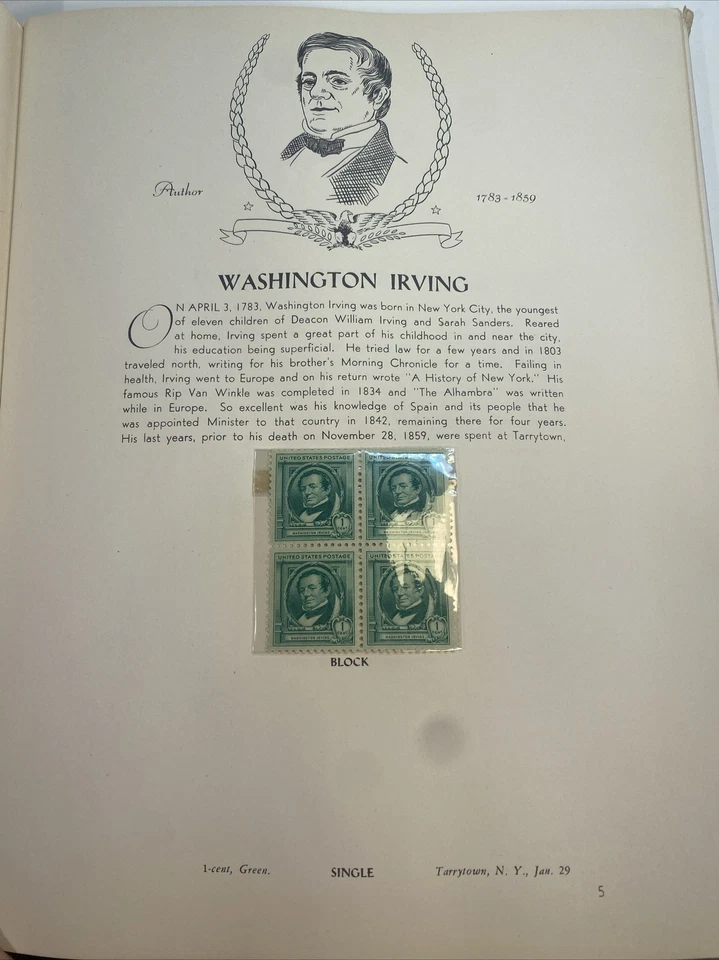 US Stamp Album Famous Americans Series 1940 with cpl set of single & blocks of 4 - Image 4 of 4