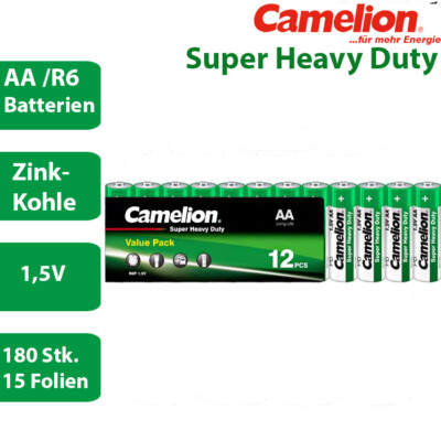 180 x Camelion R6 AA Mignon Batterie Heavy Duty 1,5V - 15 x 12er - Zink Kohle