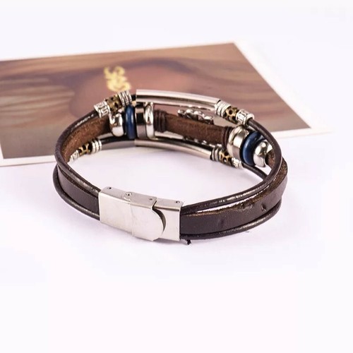 New Vintage Woven Bracelet Punk Stainless Steel Leather Bracelet Multilayer - Picture 4 of 5