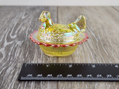 Marigold Carnival Glass Mini Hen on Nest Covered Salt Cellar Dish 3" -Glows! - Picture 7 of 8
