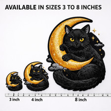 Black Cat Moon Embroidered Iron-On Patch 3-8in Witchy Fantasy