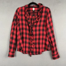 Gap Shirt Womens Medium Red Black Plaid Ruffle Front Long Sleeve Casual Top