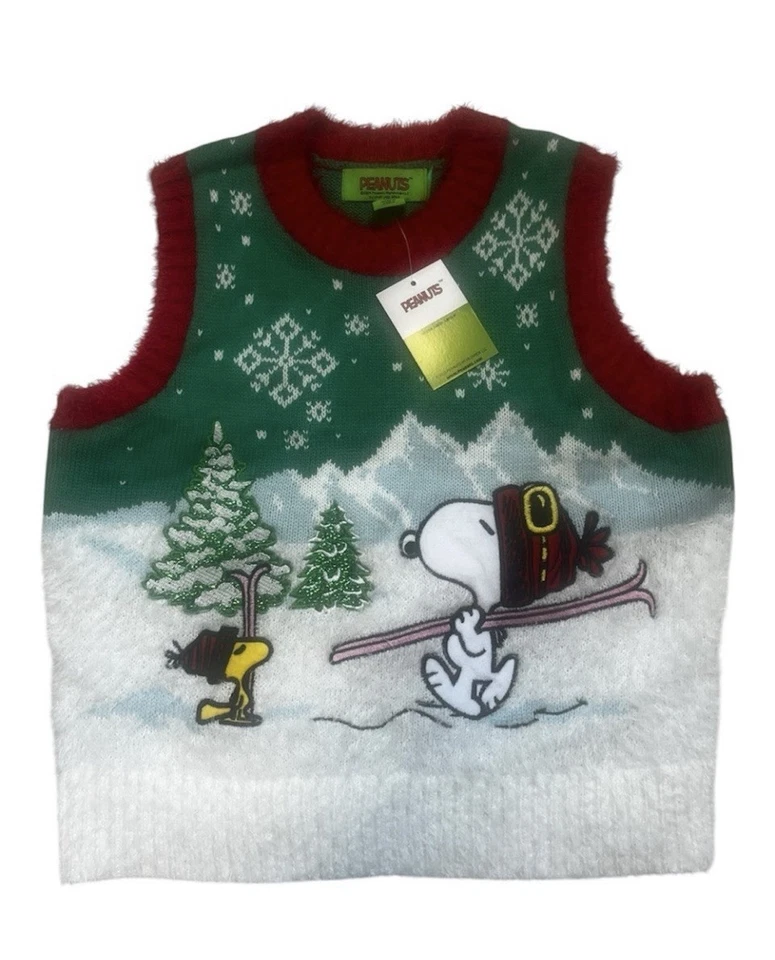 Peanuts Holiday Snoopy & Woodstock Ski Vest Sweater Fuzzy Christmas Green Sz S - Image 1 of 4