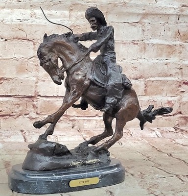 Remington Bronze Sculpture Cowboy and his Horse Marble Base Figurine Figure Deco