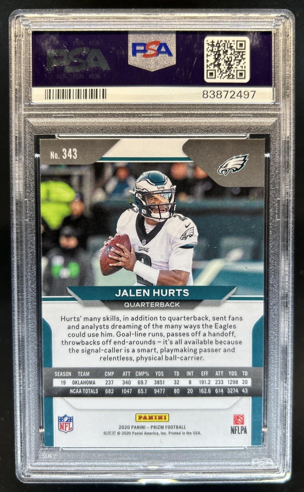 2020 Panini Prizm Jalen Hurts RC Rookie #343 Eagles PSA 9 view 2