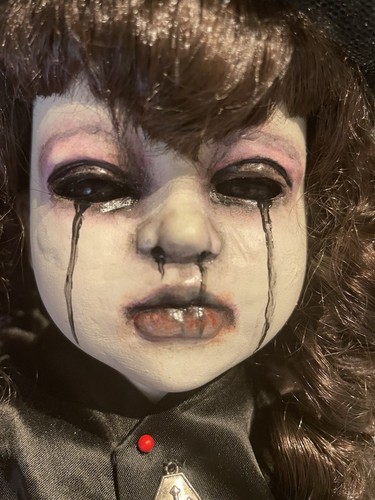 OOAK Gothic Creepy Horror Doll Black Eyes & Morning Clothes Sitting Position - Picture 3 of 16