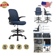 Ergonomic Drafting Chair Navy, Lumbar Support, Flip-Up Arms, Standing Desk Stool