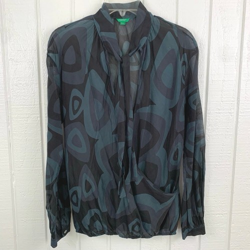 United Colors of Benetton Women Vintage Top Wrap Long Sleeve Blue Retro Medium - Picture 8 of 8