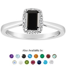 Sterling Silver 6x4mm Emerald Cut Natural Black Onyx Diamond Accent Ring