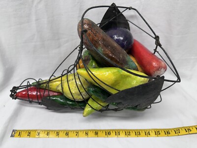 1960's Thanksgiving Metal Wire Cornucopia Horn Plenty Basket Decor 15 Fruits