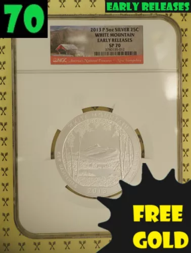 2013-P White Mountain 5 Oz SILVER Quarter NGC SP 70 ER with FREE GOLDBACK*