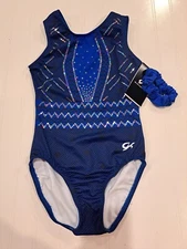 GK Elite Gymnastics Leotard & Scrunchie, Adult XS Black Blue Sleeveless 3901