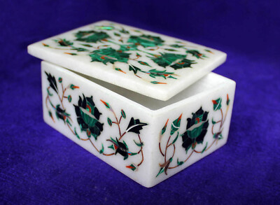4'' x 3'' Marble Jewelry Box Semi Precious Stones inlay Floral art handmade