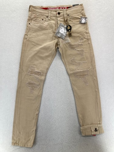 Smugglers Moon Jeans Mens 32x32 Khaki Beige Denim Button Fly Roll Up Distressed