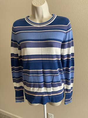 Halogen Women’s Blue Striped Long Sleeve Round Neck Lightweight Sweater s S 