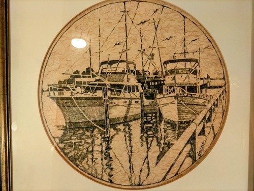 Vintage Boats in Harbor/ Marina Unique etching 19X19 Matted Framed Wall 60s 70s - Picture 8 of 12