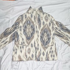 Chico's Ikat Print Open Front blazer Size 1 Ivory/Blue/Brown Pockets